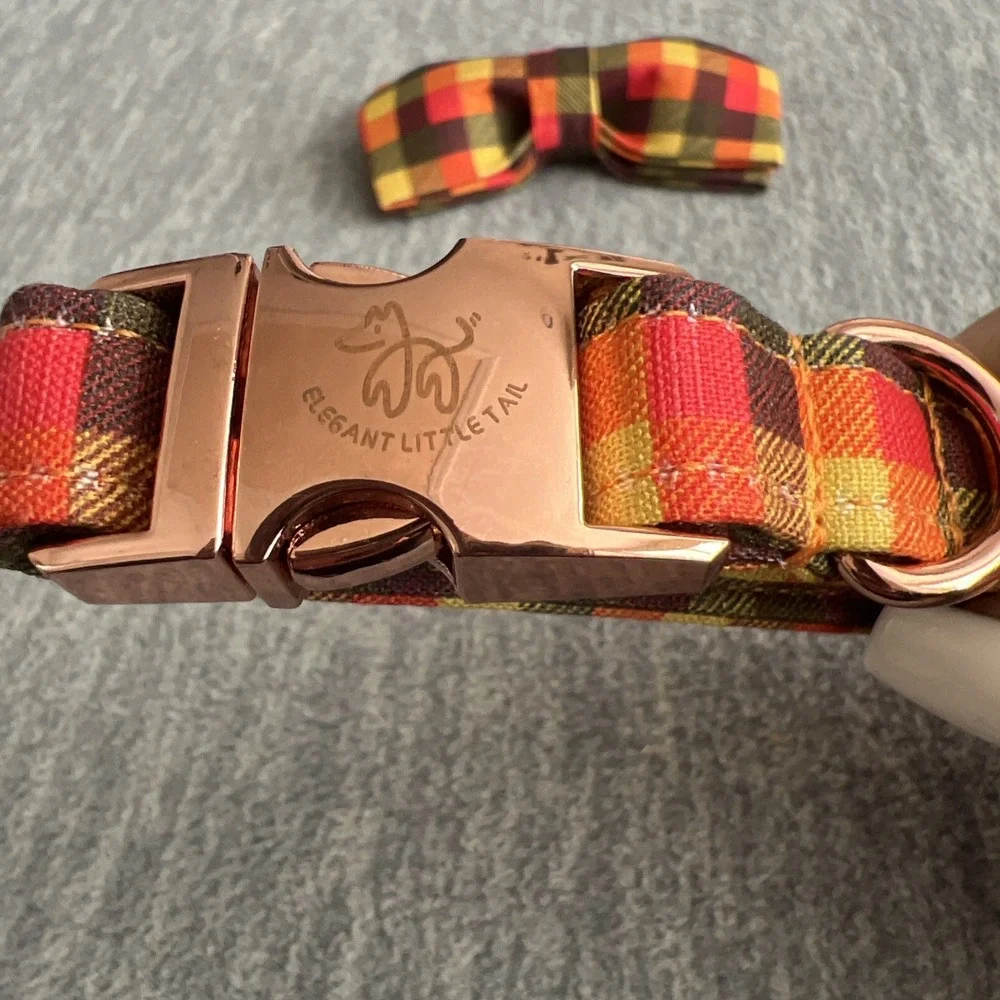 Elegant Little Tail XS Dog Collar & Bow Yellow Plaid Grid‎ Unisex Adjustable New